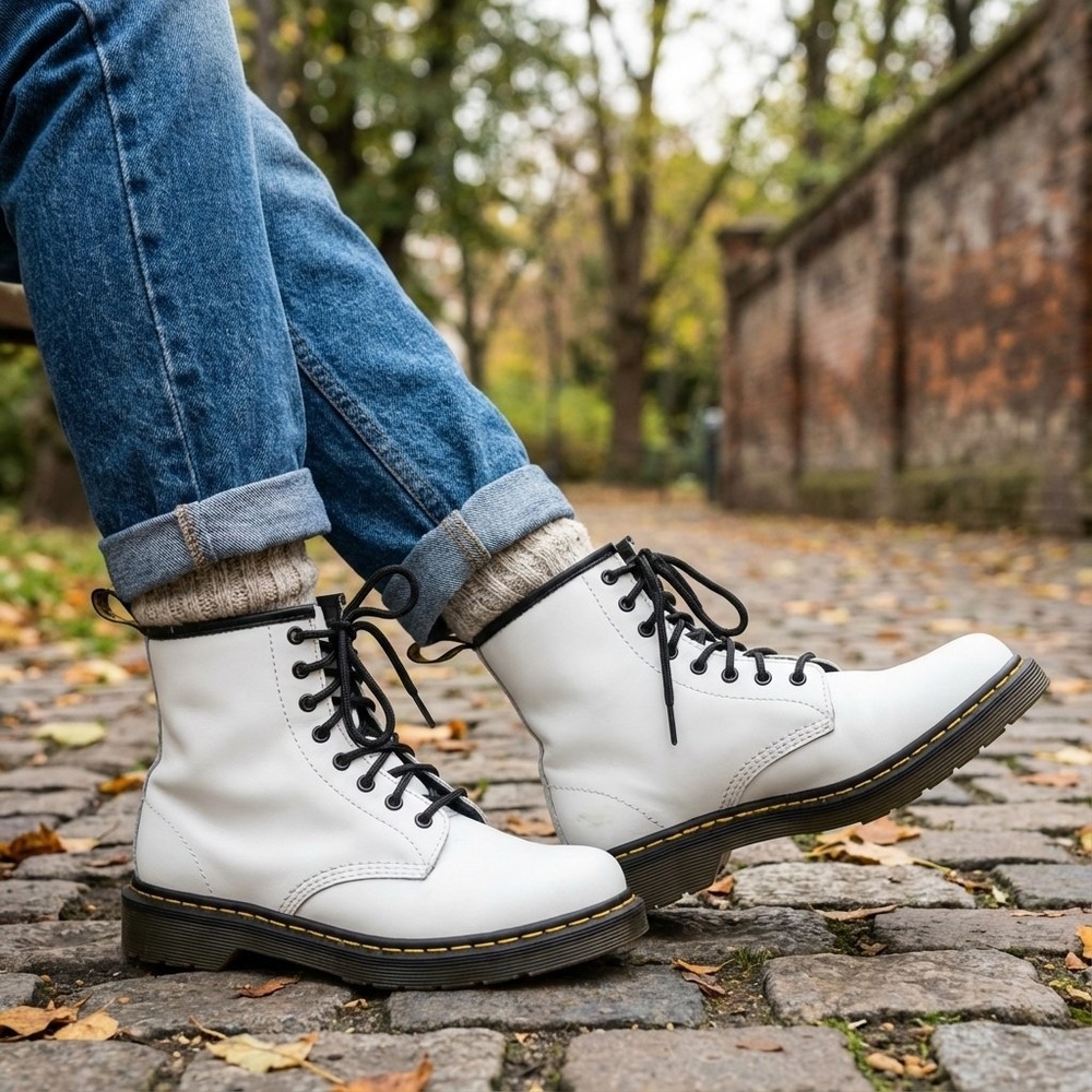 Dr Marten's 1460J White Leather Lace Up Boots Side Zip, Juniors 3 / 4, NWOB